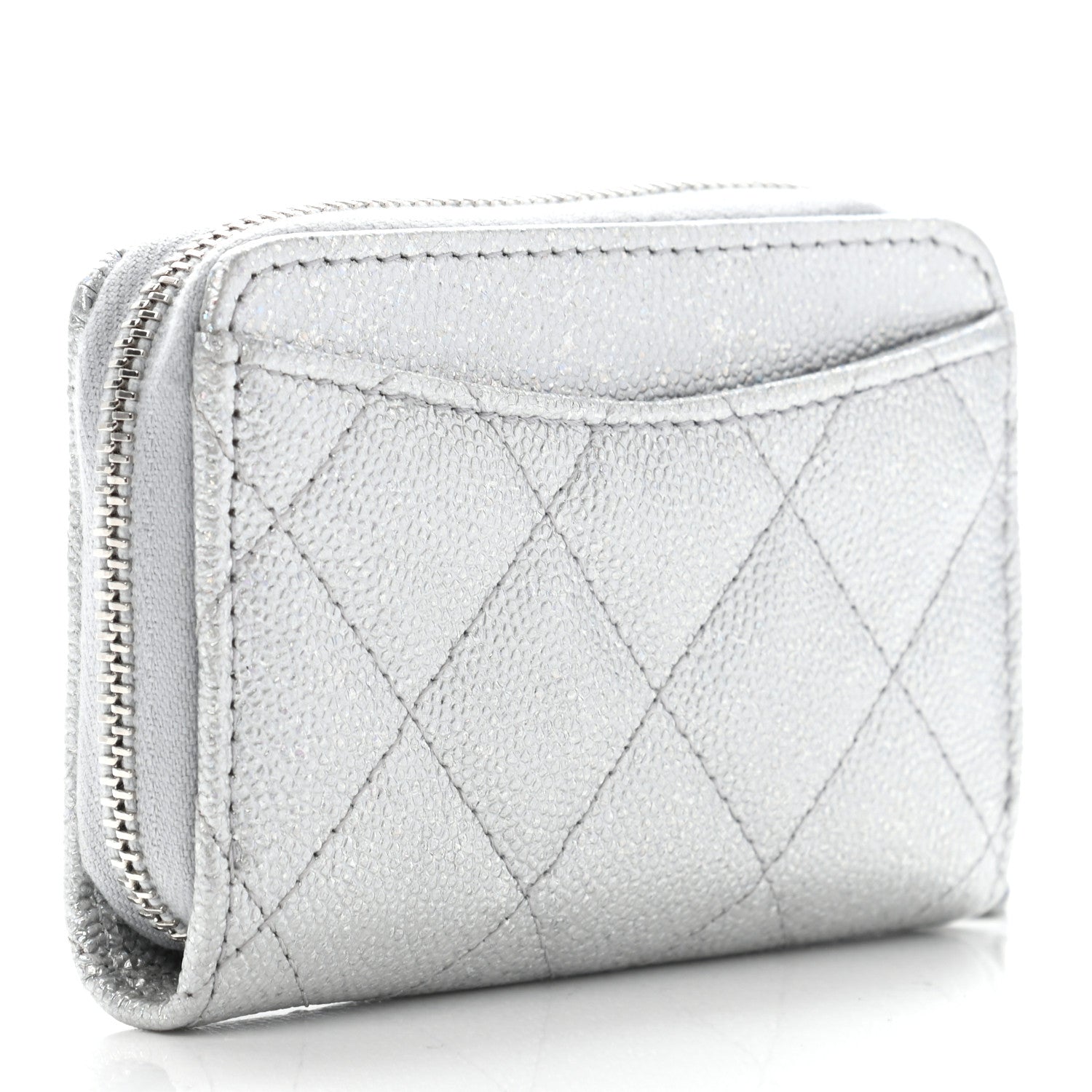 Chanel Glittered Metallic Caviar Quilted Zip Coin Purse Wallet Silver 3 of 7