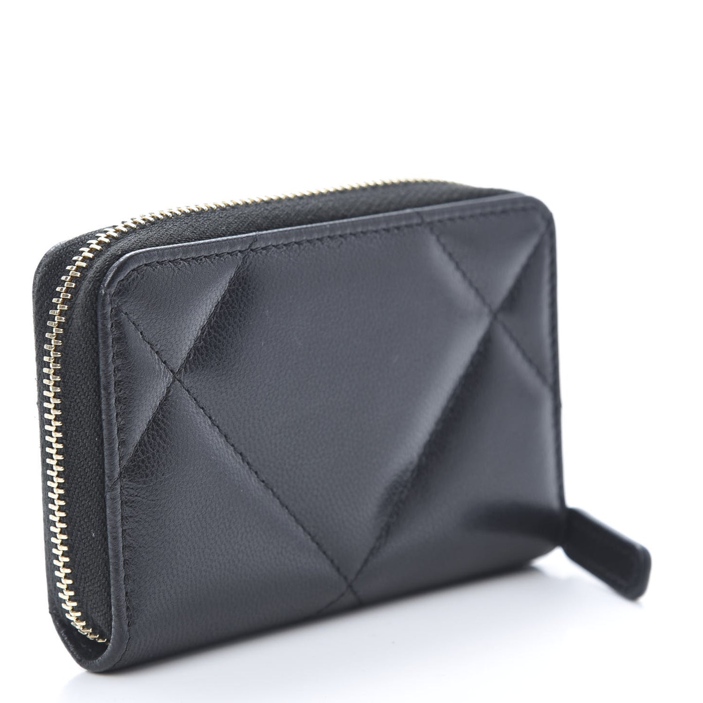 Shiny Goatskin Quilted Chanel 19 Zip Around Coin Purse Wallet Black