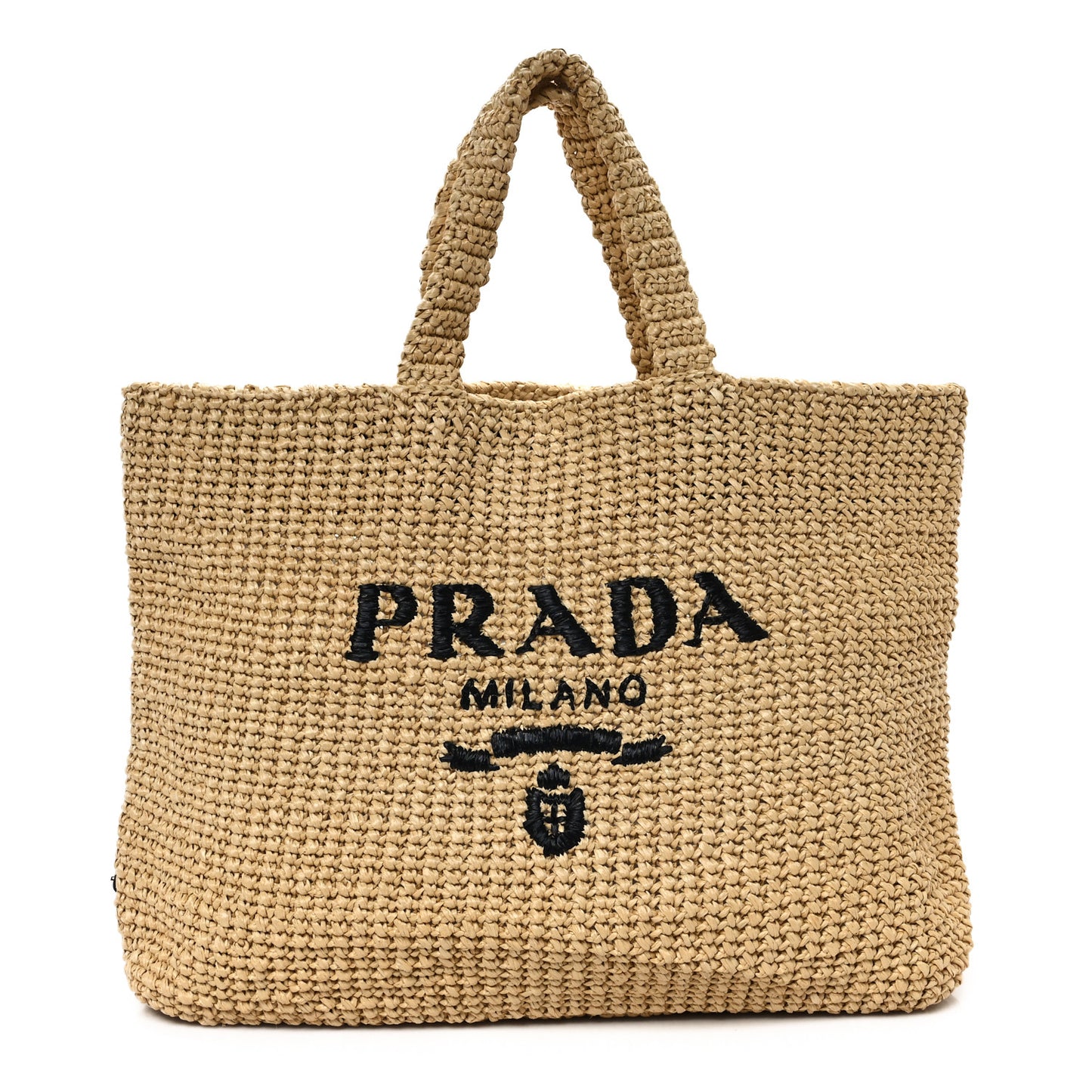 Yarn Raffia Effect Crochet Embroidered Logo Tote Naturale