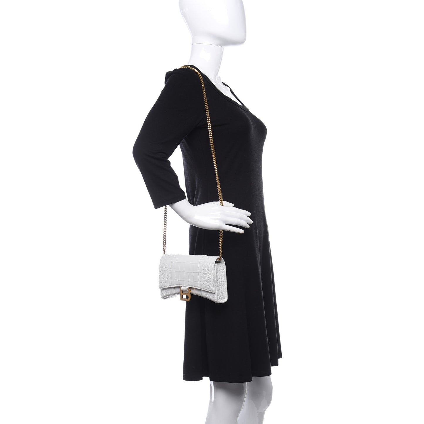Shiny Calfskin Crocodile Embossed Hourglass Chain Bag White