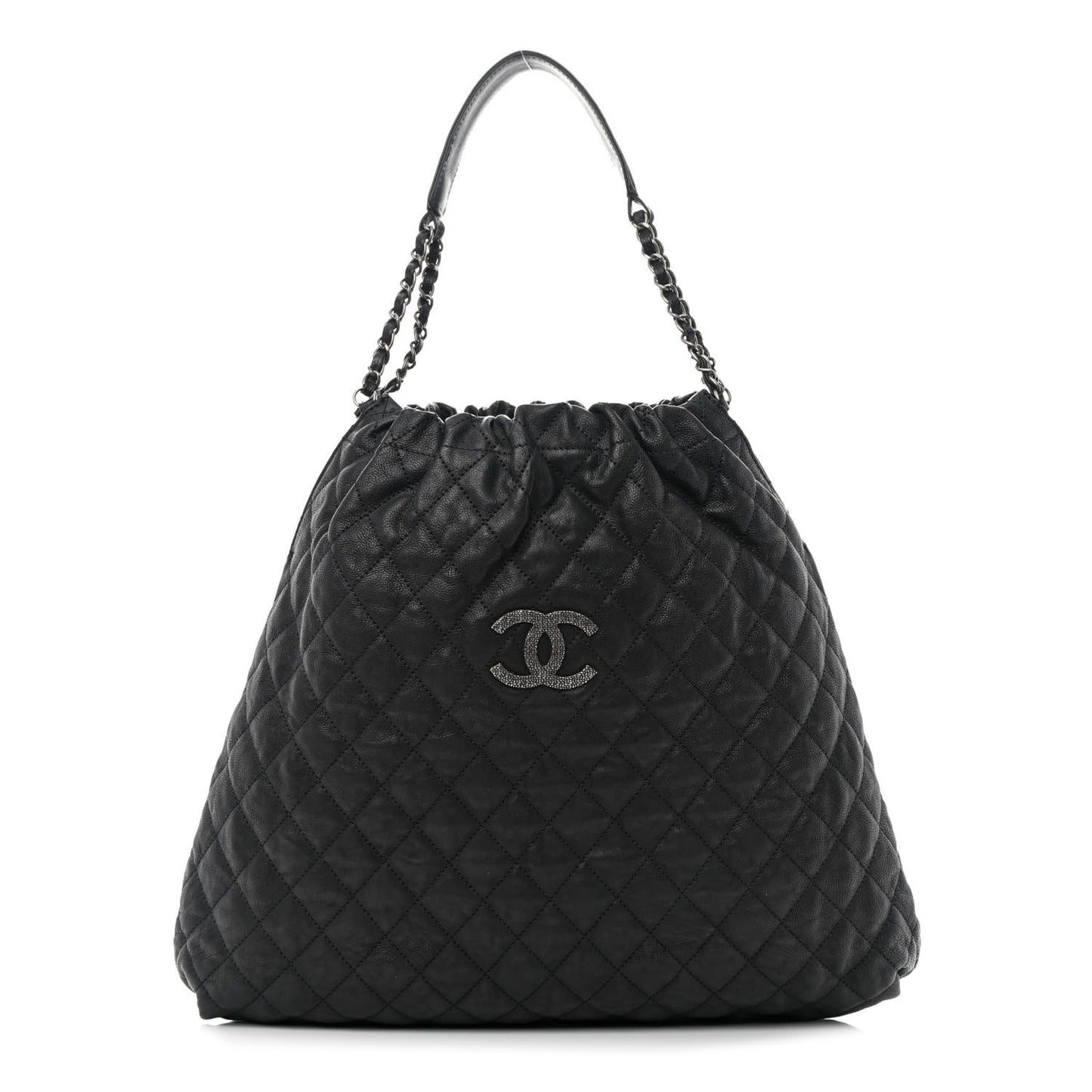 Distressed Glazed Caviar Quilted Large Elastic Tote Black