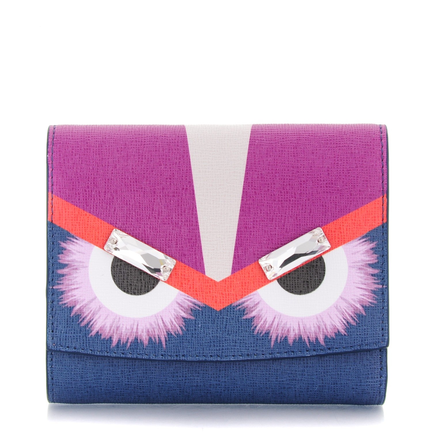 Fendi Vitello Elite Crystal Eye Monster French Wallet Cobalt Lavender Pink 1 of 8