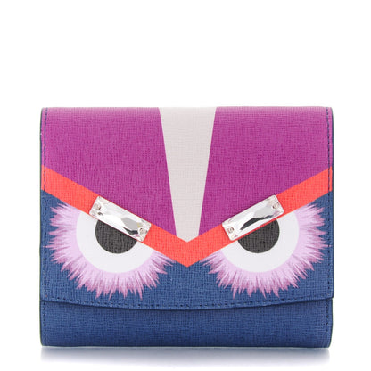 Fendi Vitello Elite Crystal Eye Monster French Wallet Cobalt Lavender Pink 1 of 8
