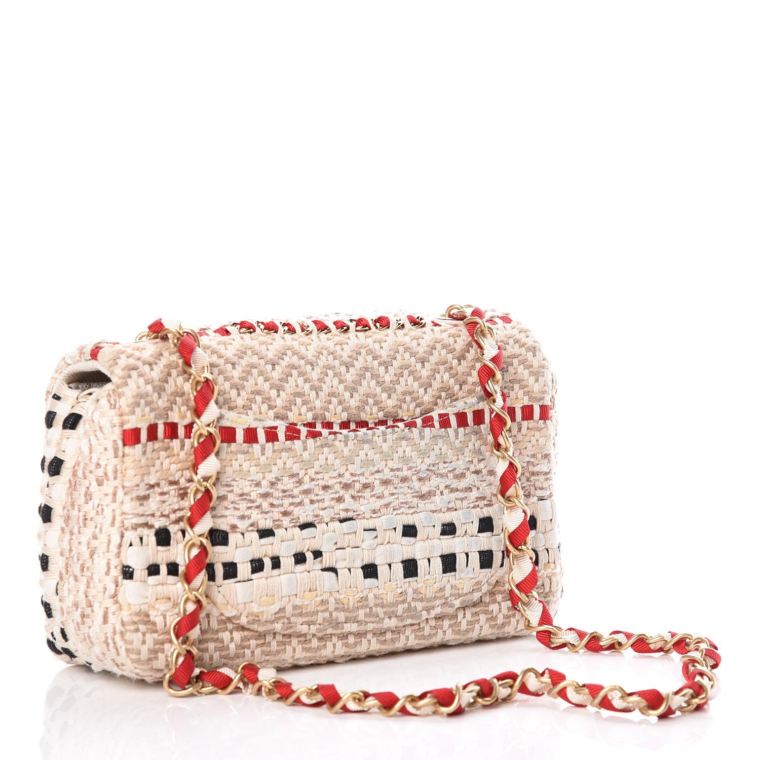 Chanel Cotton Raffia Lambskin Woven Mini Rectangular Flap Beige Red Black 3 of 11