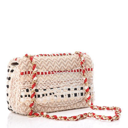 Chanel Cotton Raffia Lambskin Woven Mini Rectangular Flap Beige Red Black 3 of 11