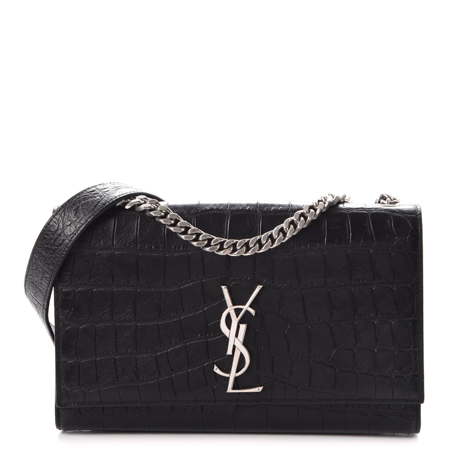 Calfskin Crocodile Embossed Medium Classic Monogram Kate Double Handle Satchel Black