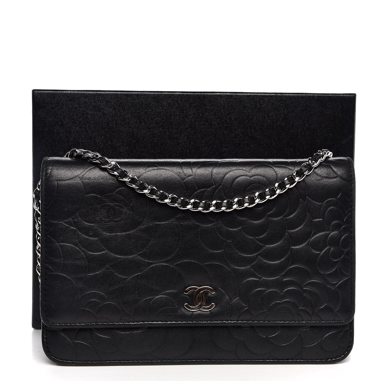 Lambskin Camellia Embossed Wallet On Chain WOC Black