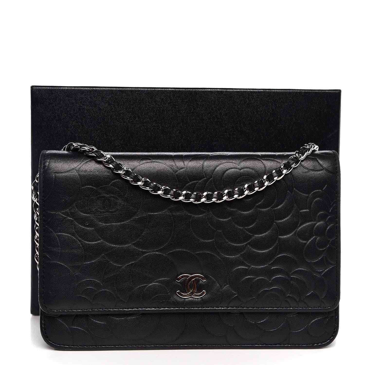 Chanel Lambskin Camellia Embossed Wallet On Chain WOC Black 9 of 9