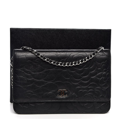 Chanel Lambskin Camellia Embossed Wallet On Chain WOC Black 9 of 9