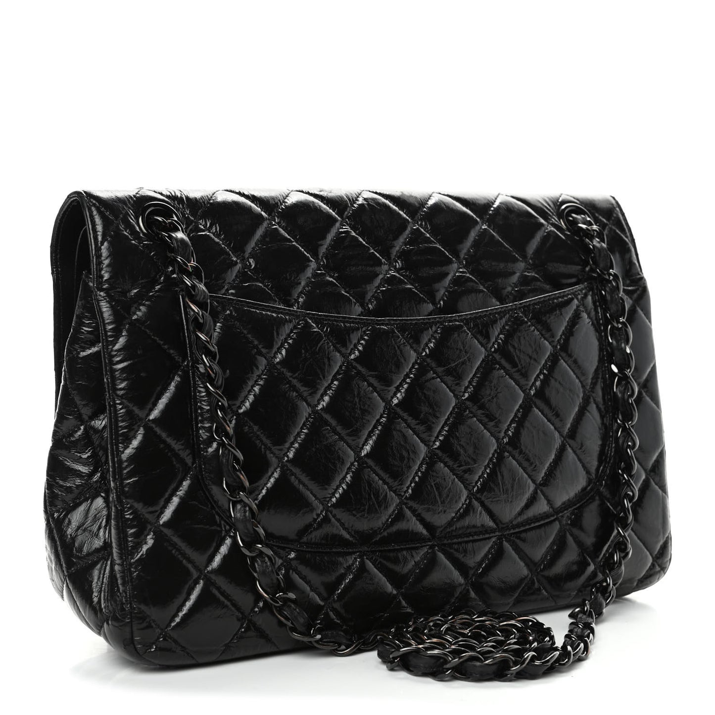 Shiny Distressed Calfskin Quilted Jumbo Double Flap So Black