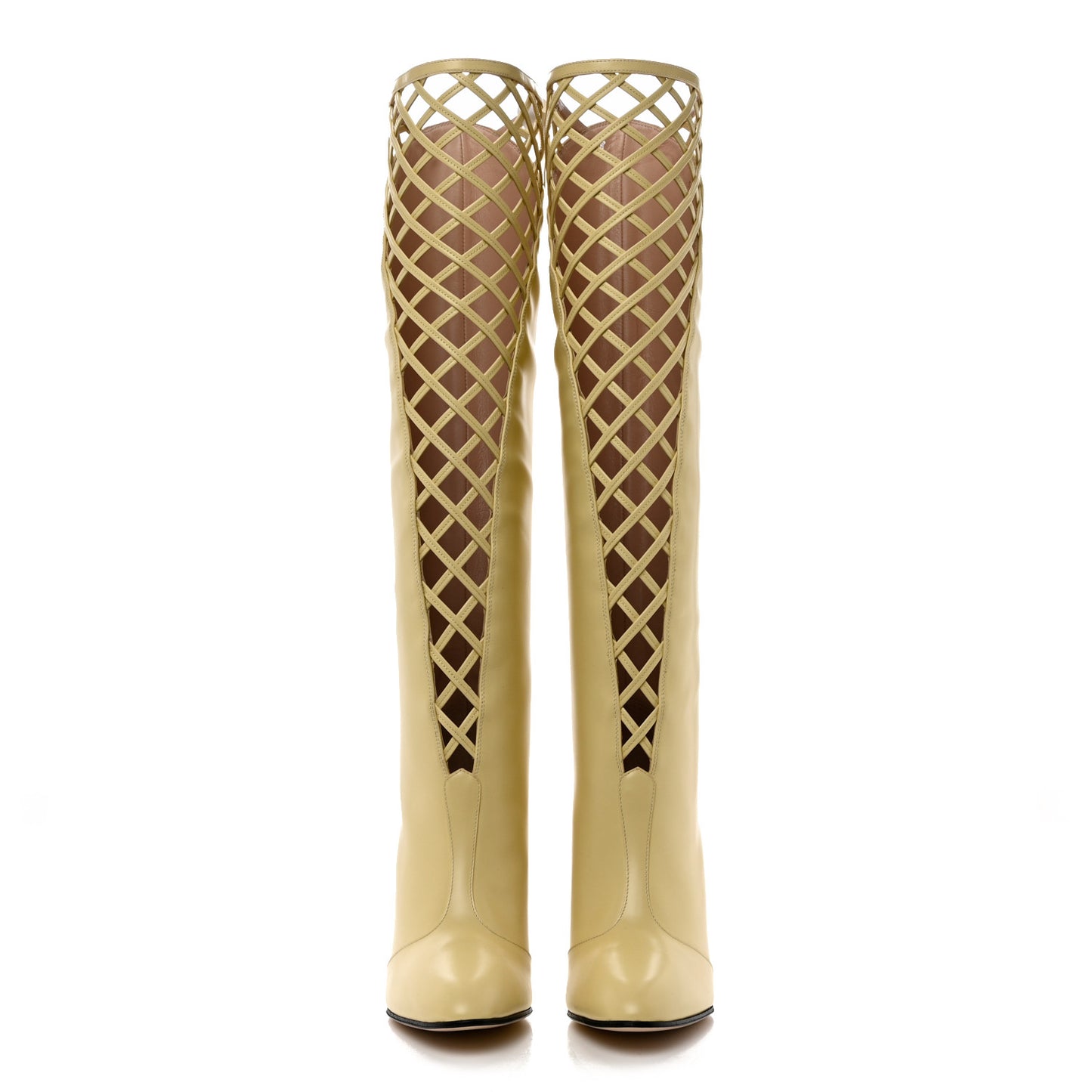 Plume Calfskin Damir Lattice Cutout Knee High Boot 38 Butter