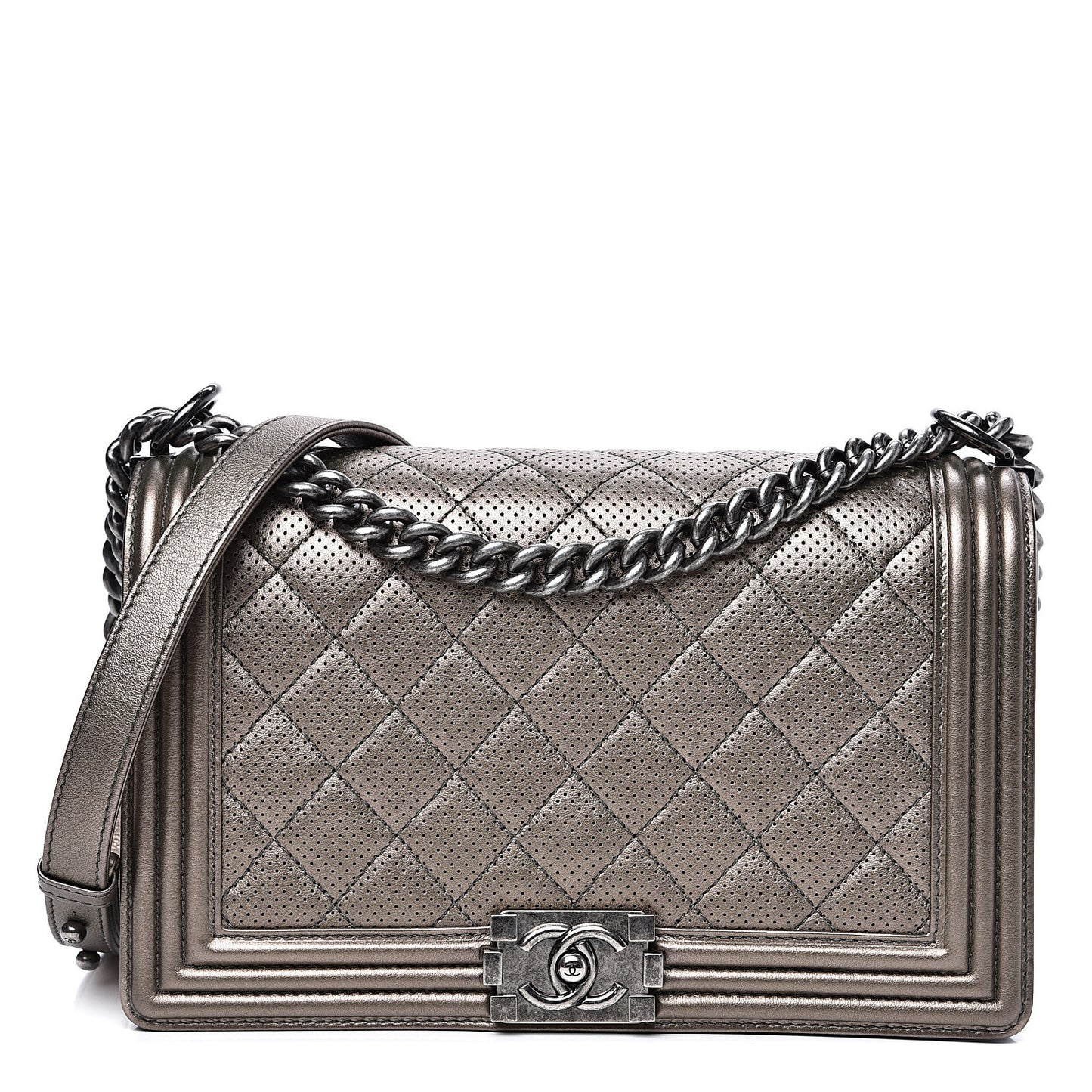Metallic Lambskin Perforated New Medium Boy Flap Dark Silver