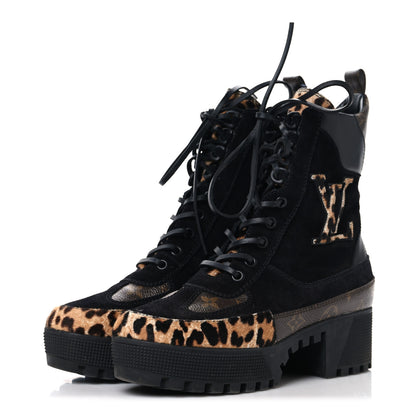 Louis Vuitton Suede Calfskin Monogram Calf Hair Laureate Platform Desert Boots 37.5 Black 4 of 8