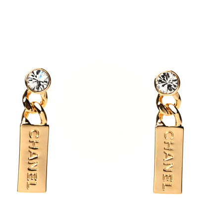 Chanel Crystal Tag Drop Earrings Gold 1 of 5