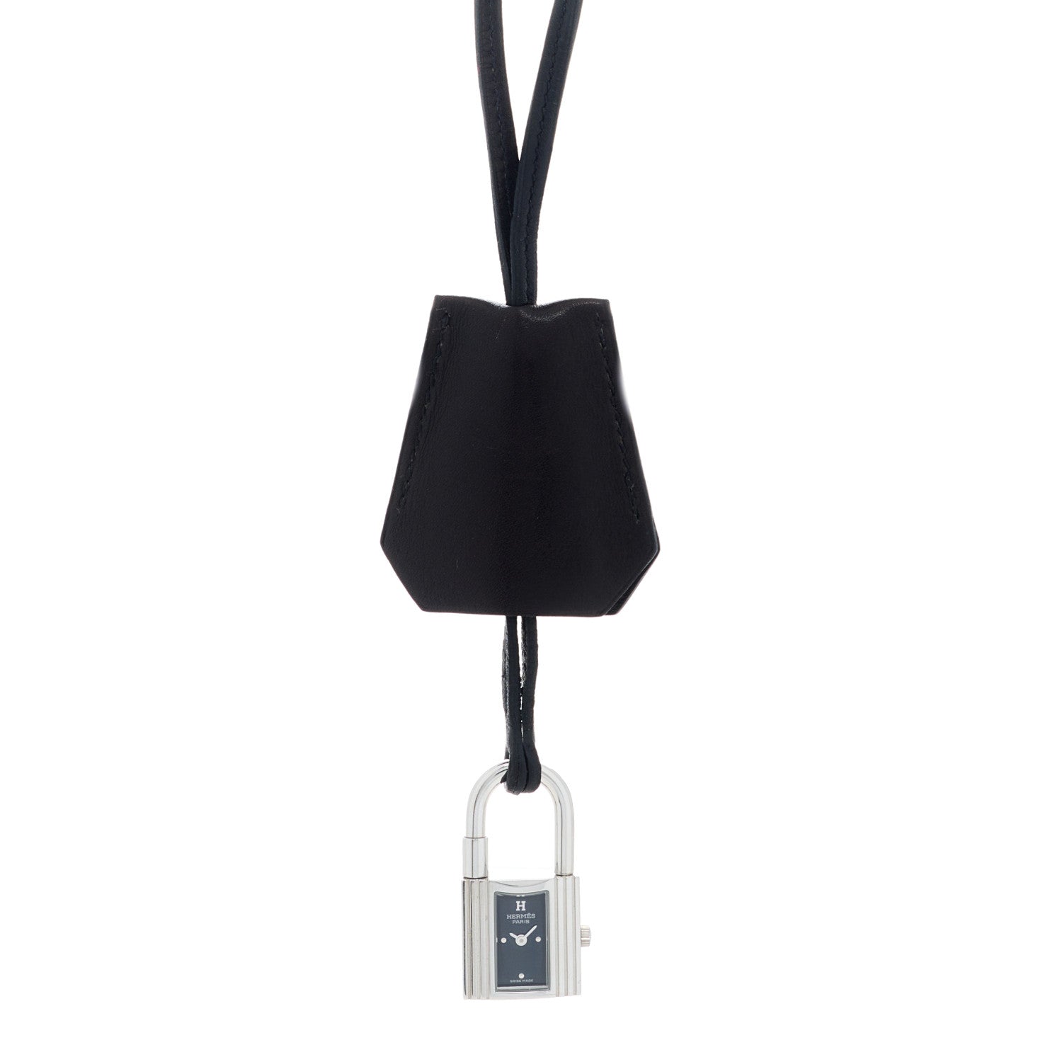 Hermes Stainless Steel Barenia Kelly Clochette Necklace Watch Noir 1 of 6