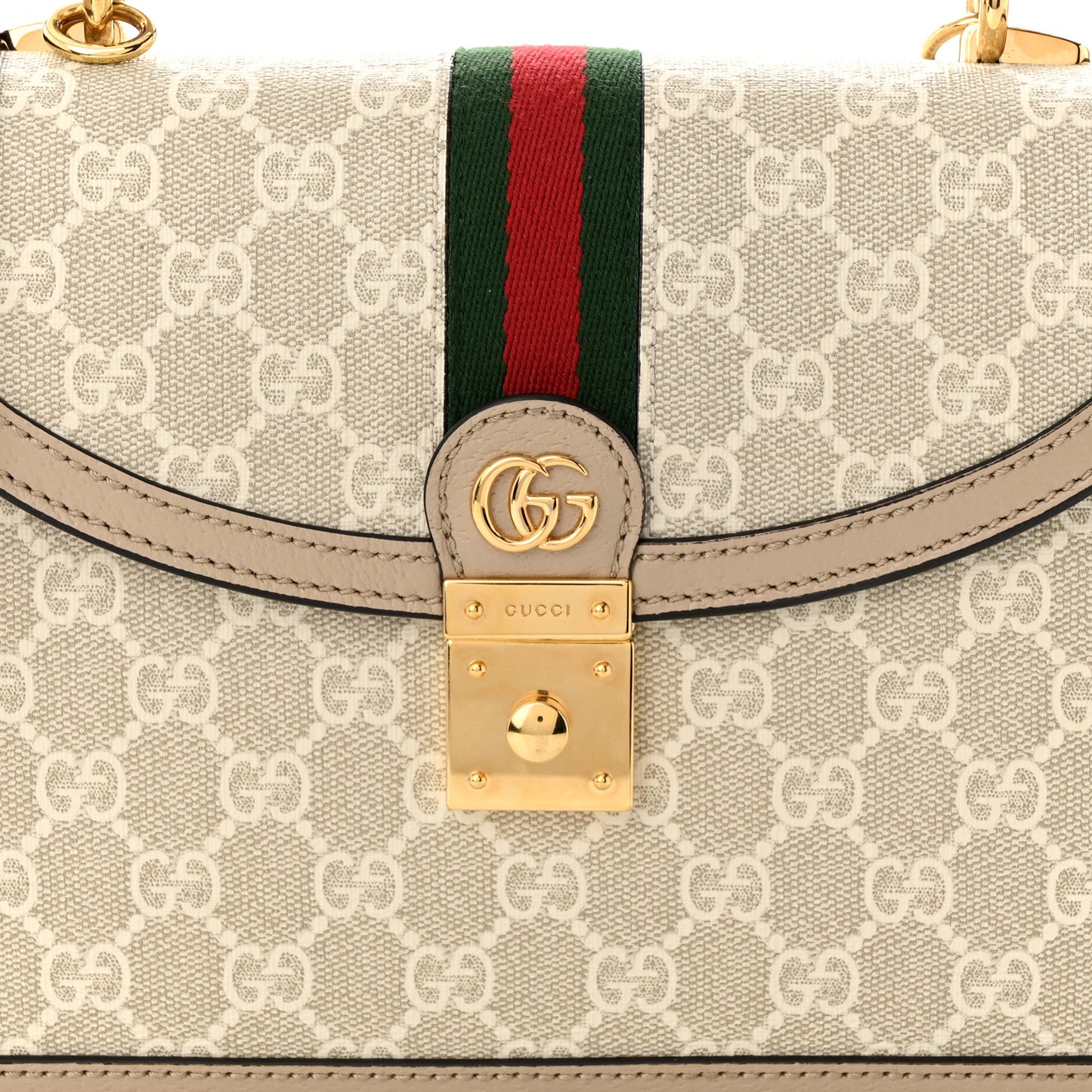 GG Supreme Monogram Textured Dollar Calfskin Web Small Ophidia Padlock Top Handle Bag Beige Mystic White Oatmeal