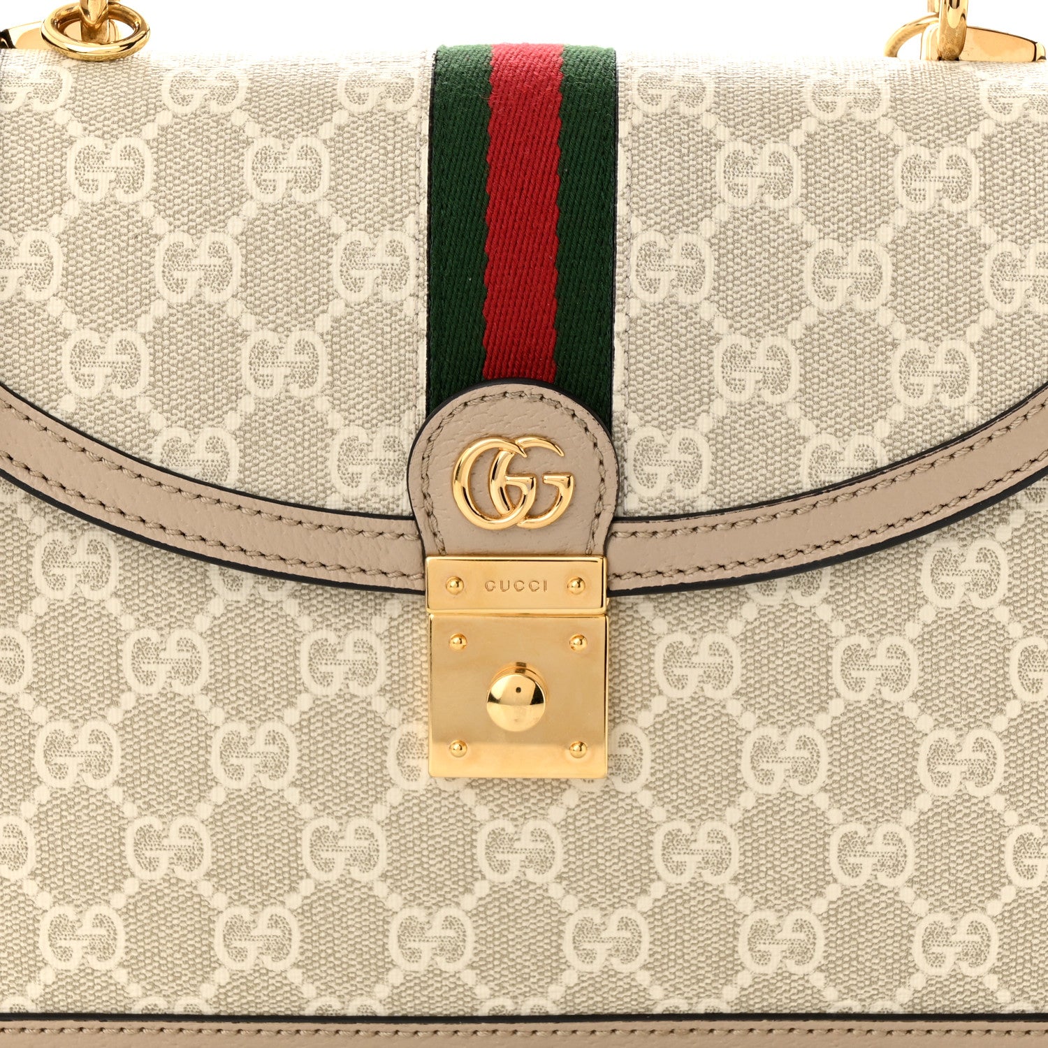 Gucci GG Supreme Monogram Textured Dollar Calfskin Web Small Ophidia Padlock Top Handle Bag Beige Mystic White Oatmeal 8 of 12