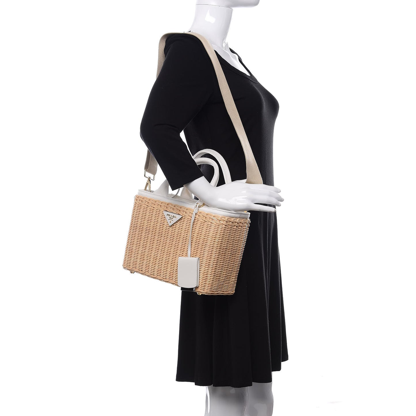 Canvas Wicker Shoulder Bag White Tan