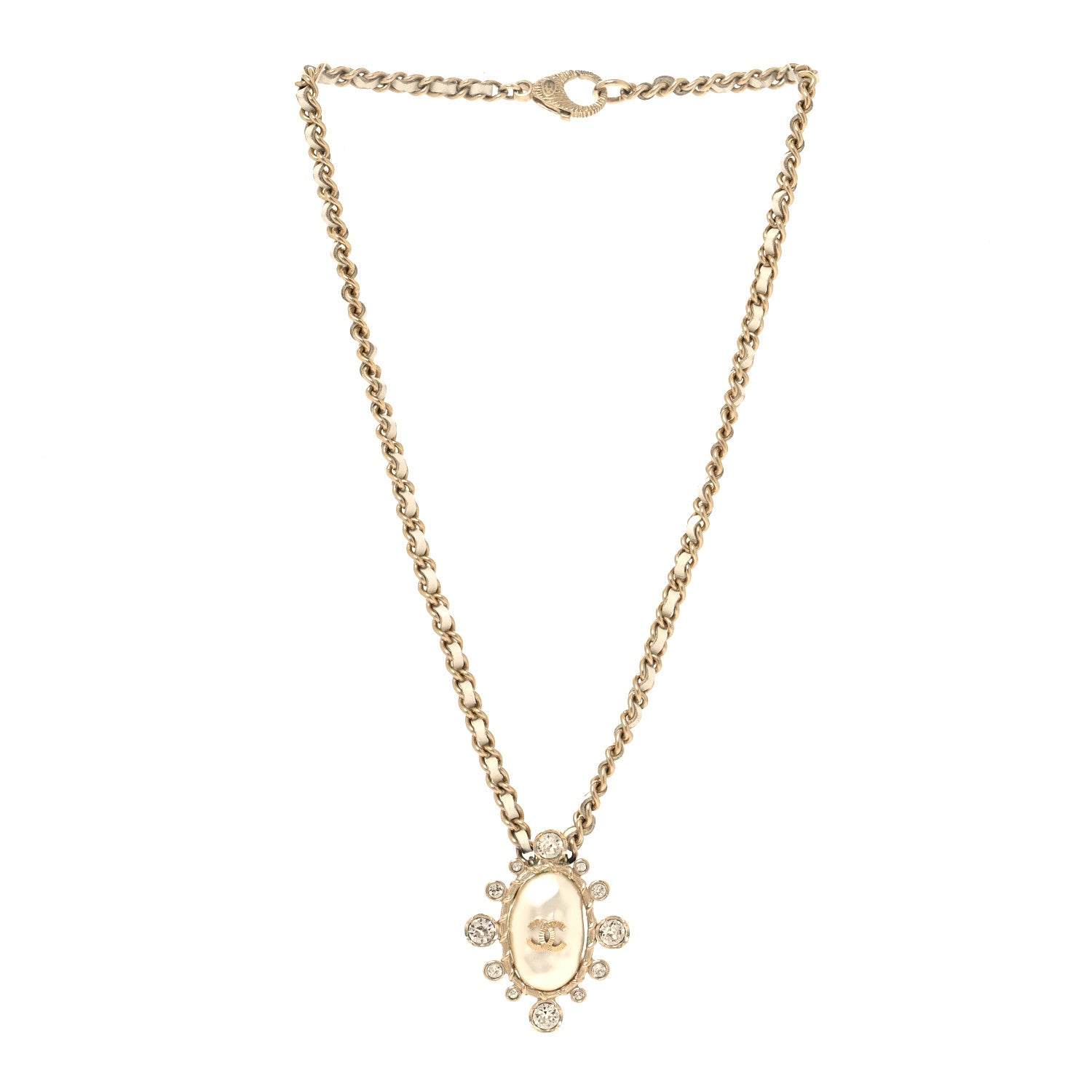 Chanel Lambskin Pearl Crystal CC Pendant Necklace Gold 3 of 4