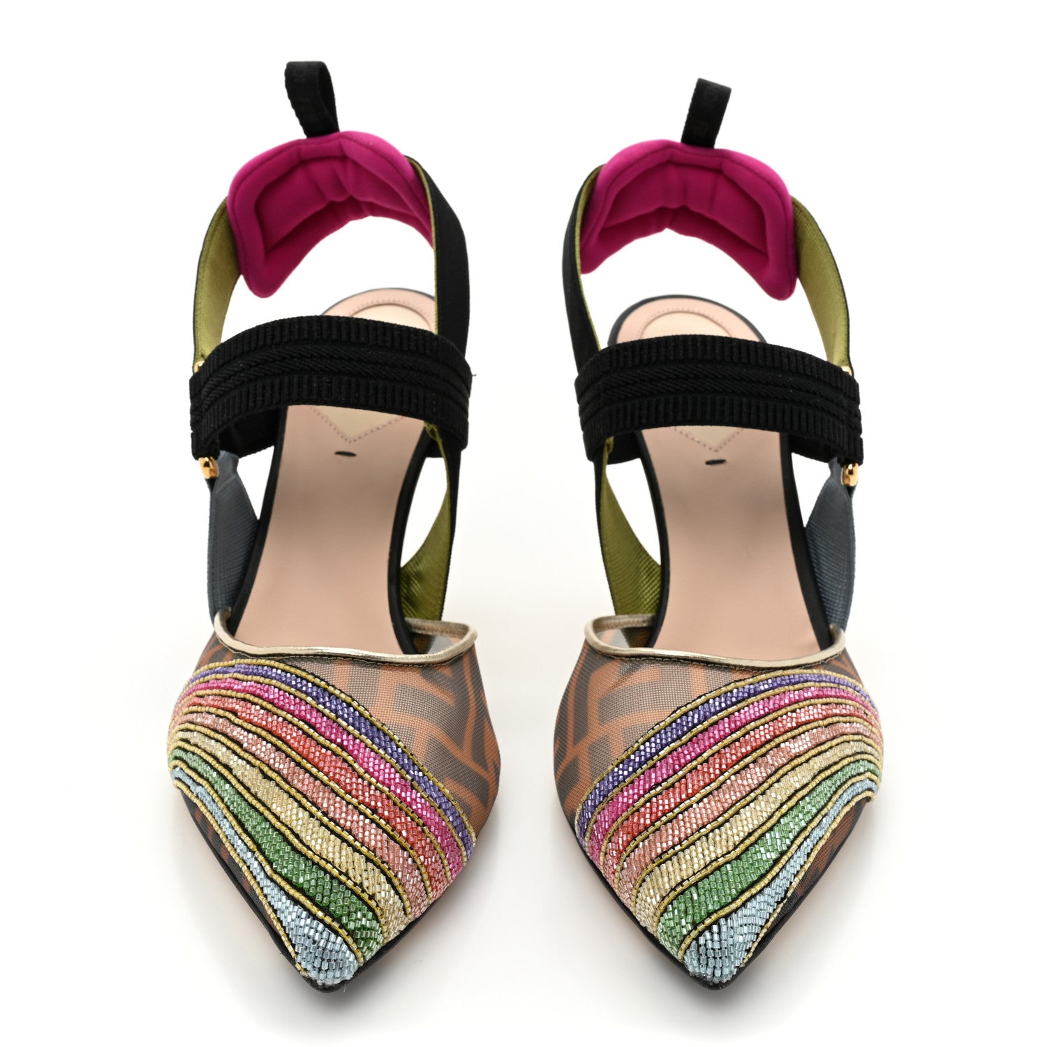 Fendi Technical Mesh FF Rainbow Beaded Colibri 85mm Slingback Pumps 38.5 Tobacco Black Multicolor 2 of 8