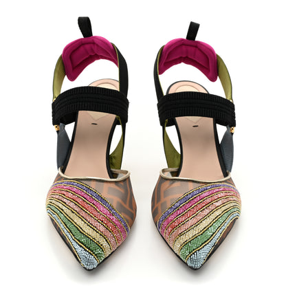 Fendi Technical Mesh FF Rainbow Beaded Colibri 85mm Slingback Pumps 38.5 Tobacco Black Multicolor 2 of 8