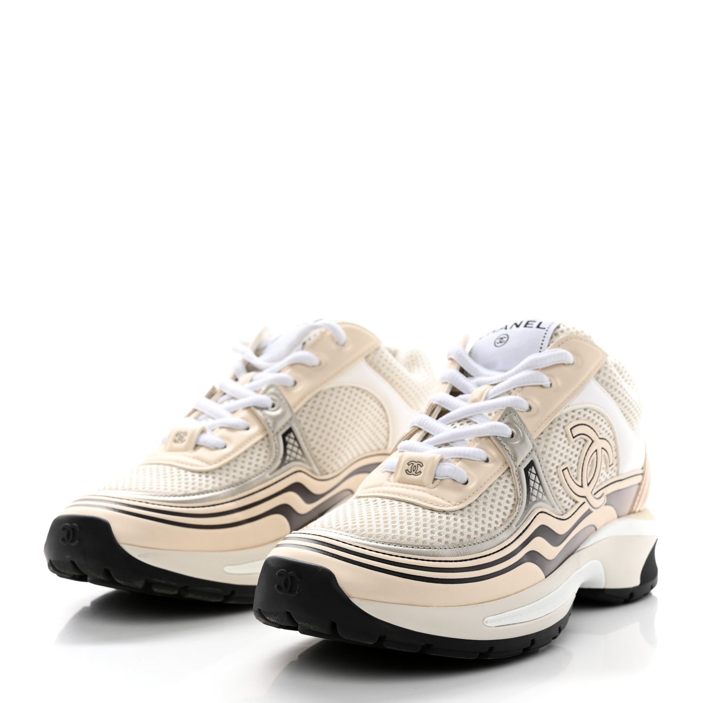 Fabric Laminated Calfskin Stretch CC Womens Sneakers 37 White Gold Silver