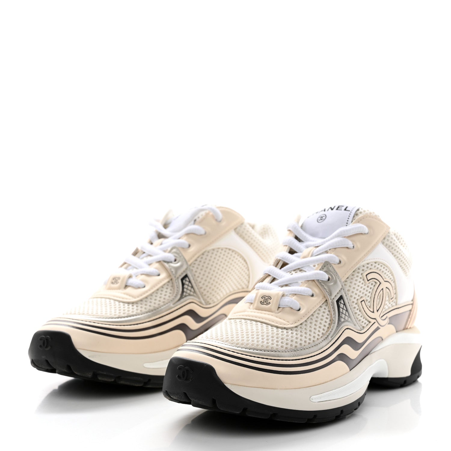 Chanel Fabric Laminated Calfskin Stretch CC Womens Sneakers 37 White Gold Silver 3 of 8