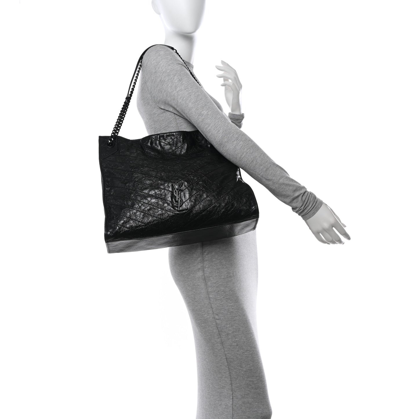 Crinkled Calfskin Matelasse Monogram Large Niki Shopper Tote Black