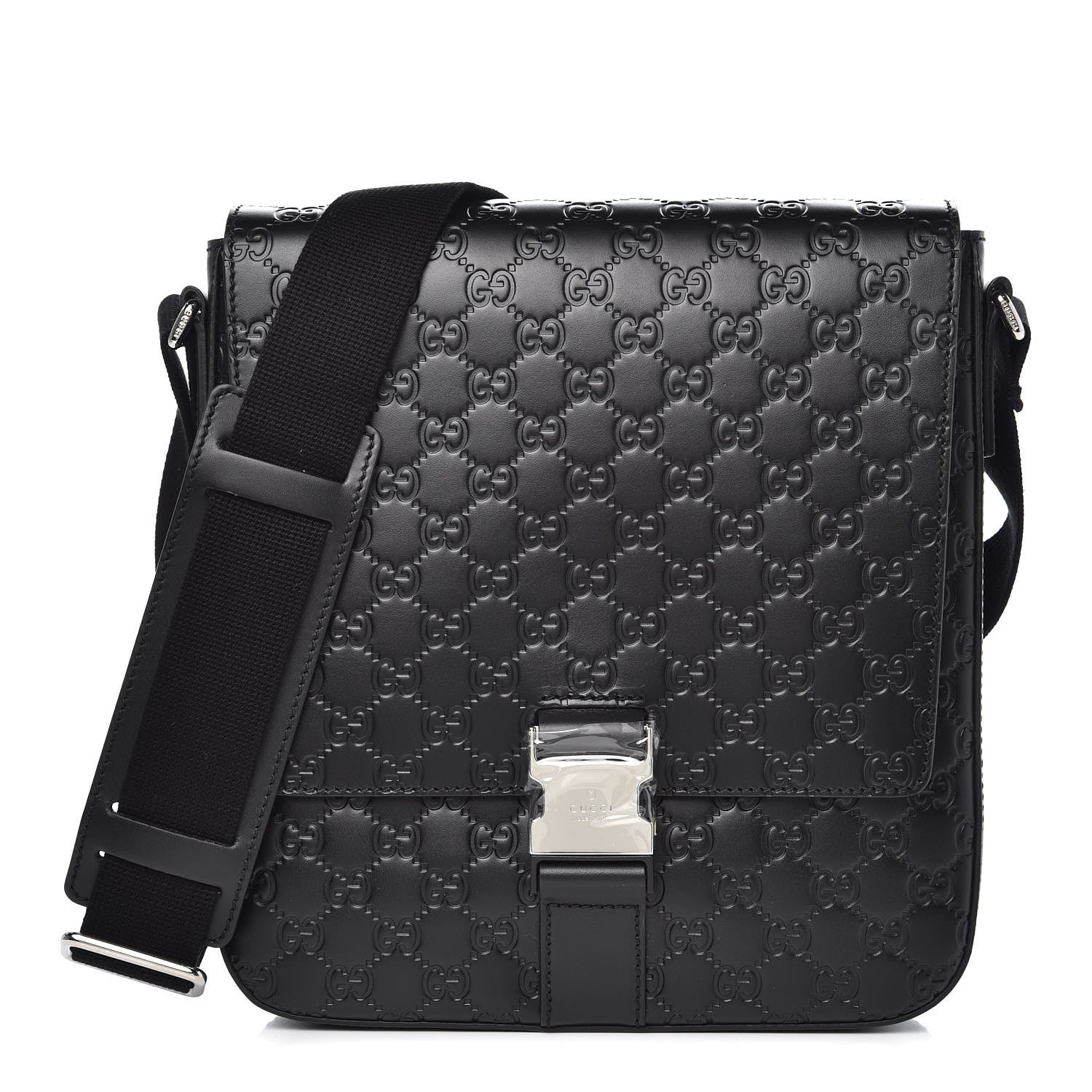 Gucci Guccissima Signature Single Buckle Flap Messenger Bag Black 1 of 7