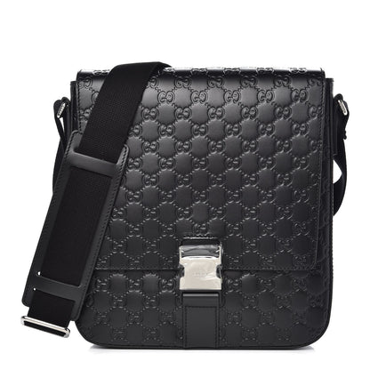 Gucci Guccissima Signature Single Buckle Flap Messenger Bag Black 1 of 7