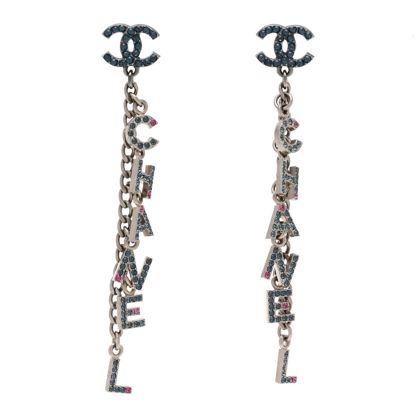 Crystal CC Logo Chain Drop Earrings Silver Blue Pink