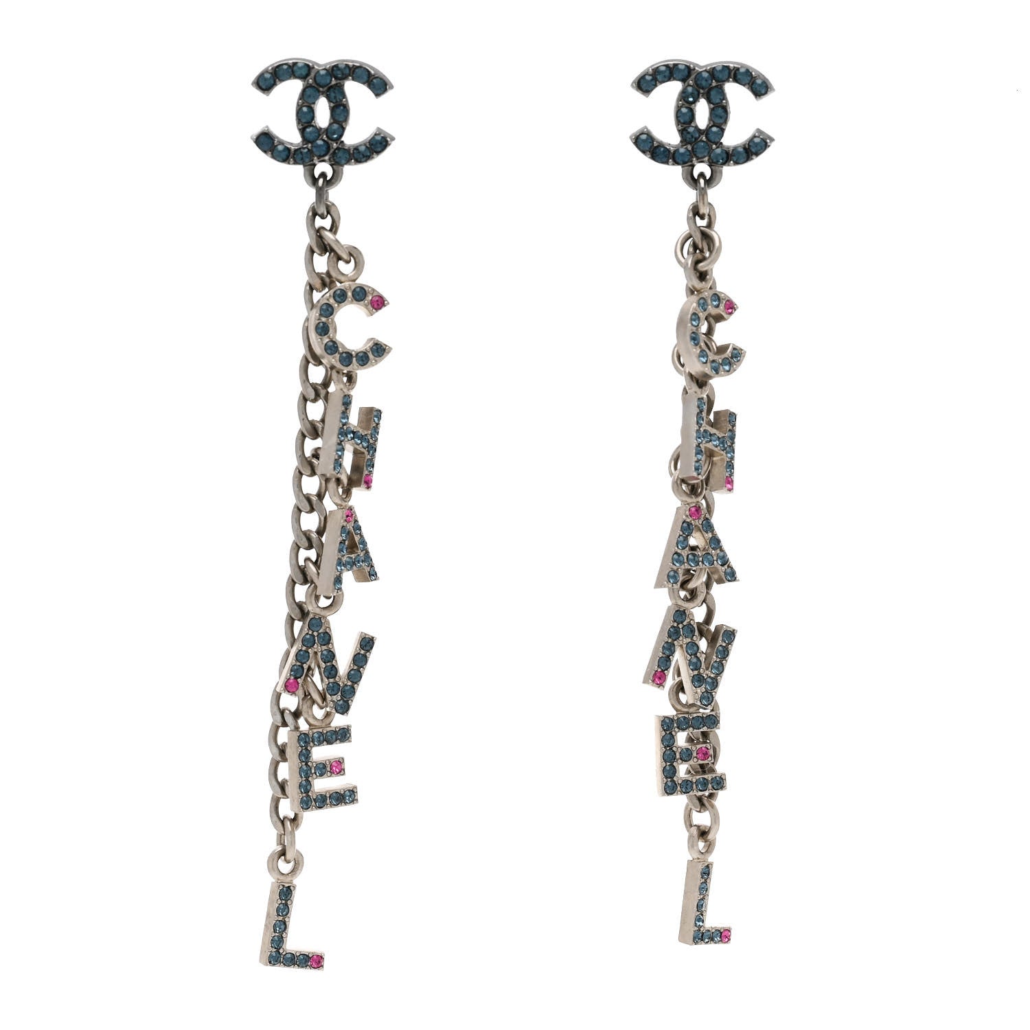 Chanel Crystal CC Logo Chain Drop Earrings Silver Blue Pink 1 of 4
