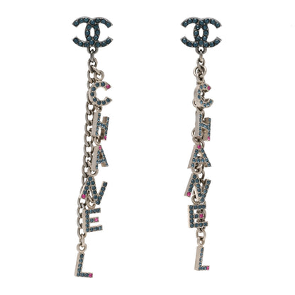 Chanel Crystal CC Logo Chain Drop Earrings Silver Blue Pink 1 of 4