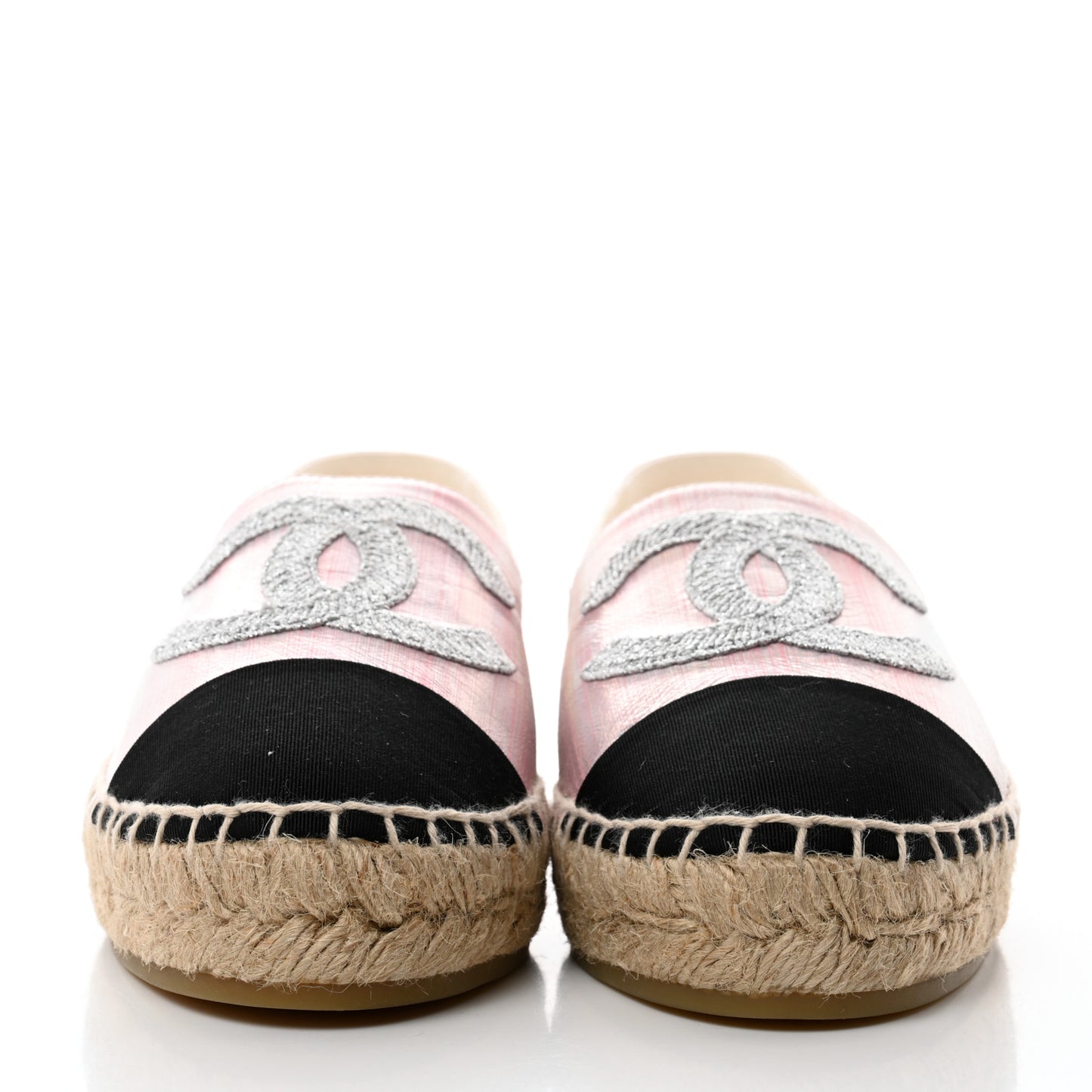 Laminated Lambskin Grosgrain Embroidered CC Espadrilles 39 Pink Silver Black