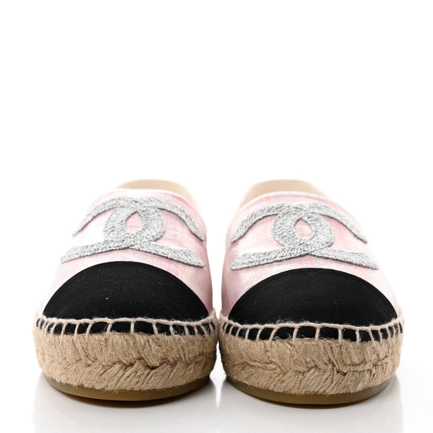 Chanel Laminated Lambskin Grosgrain Embroidered CC Espadrilles 39 Pink Silver Black 2 of 9