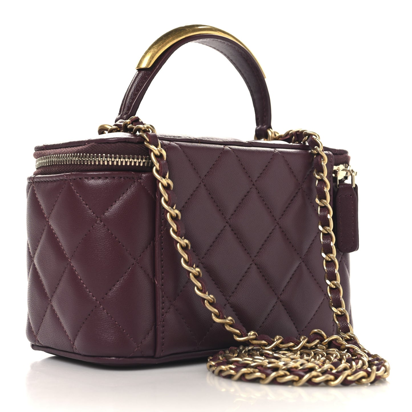 Lambskin Quilted Metal Small Top Handle Vanity Case With Chain Burgundy
