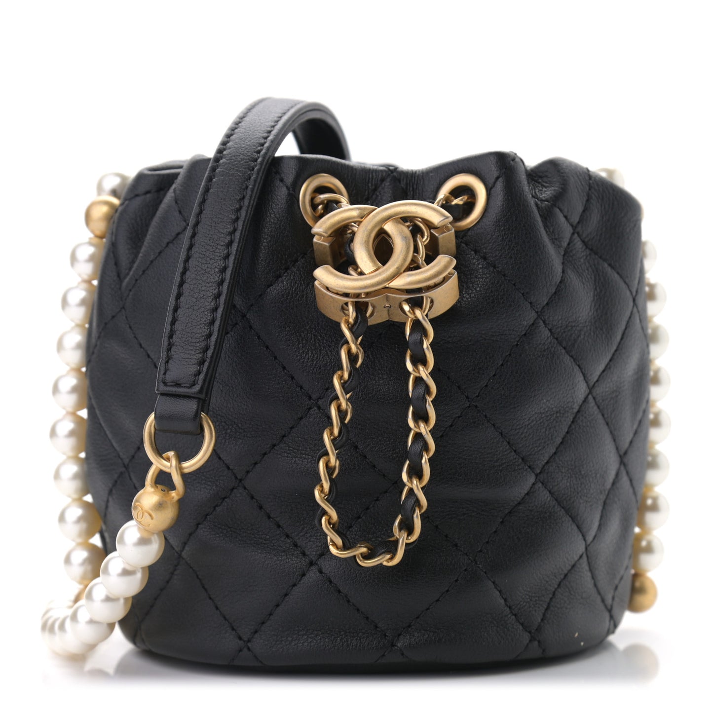 Calfskin Quilted Pearl Mini About Pearls Drawstring Bucket Bag Black