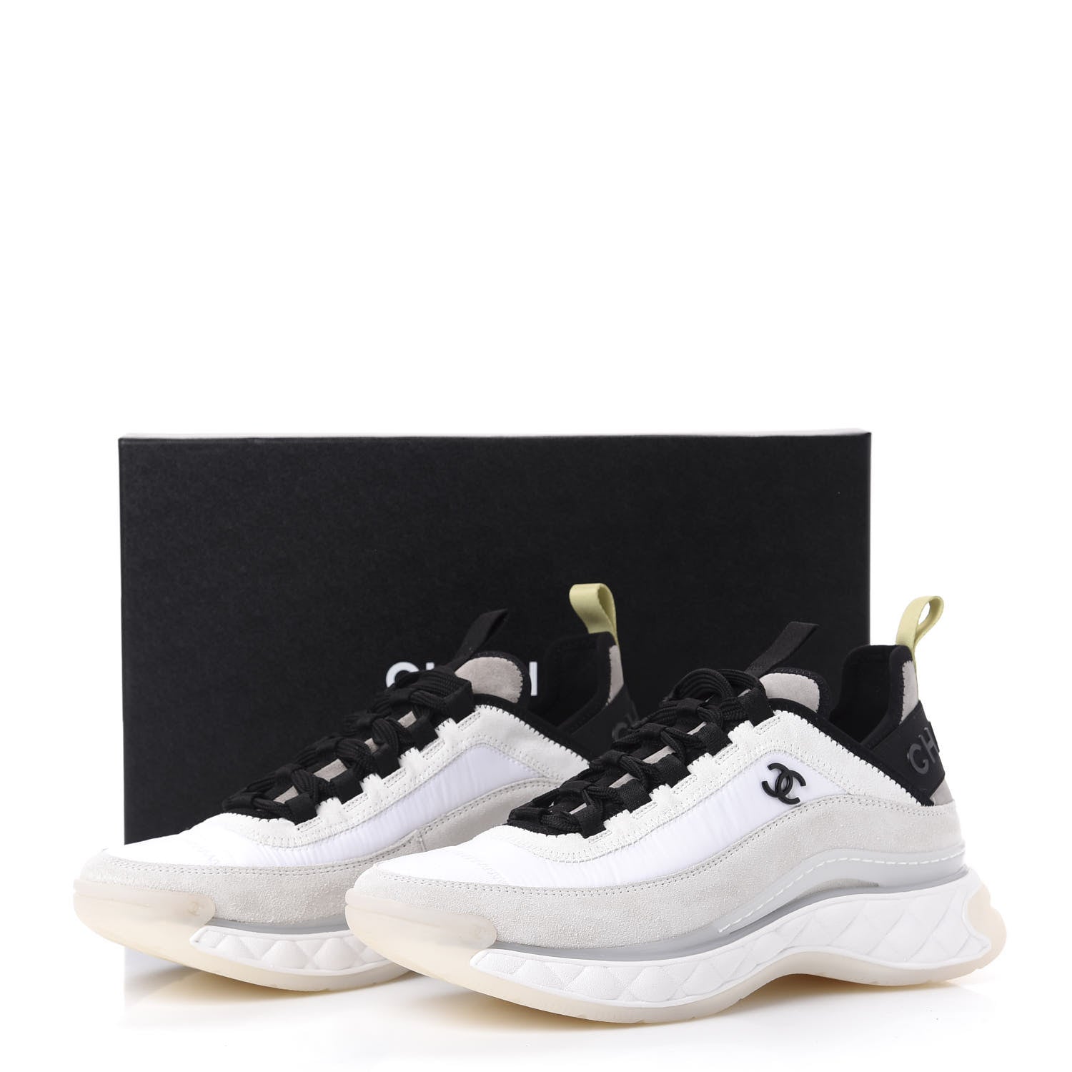 Chanel Nylon Calfskin Suede CC Sneakers 39 White Grey Yellow 10 of 10