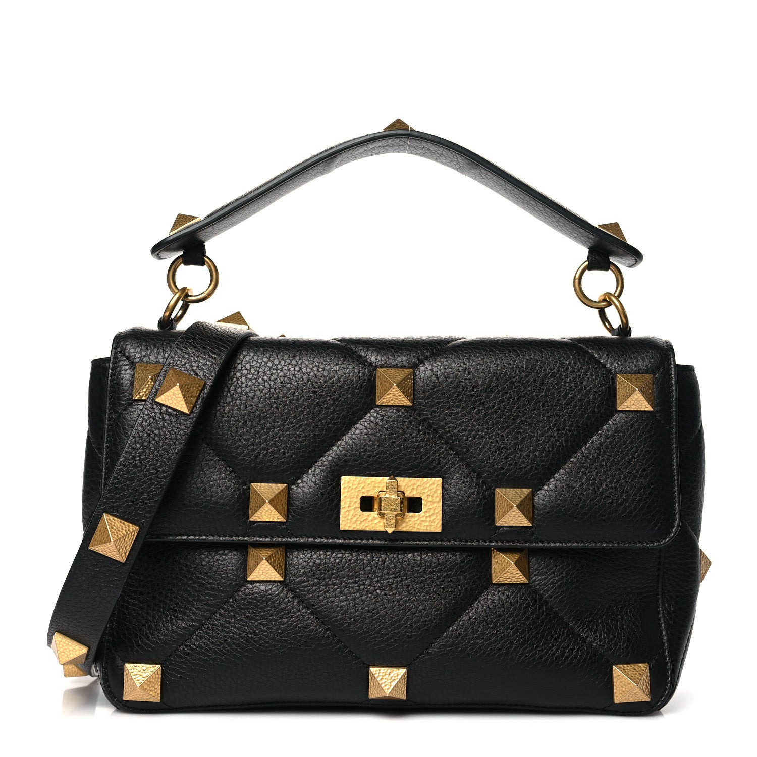 Valentino Garavani Grained Calfskin Large Roman Stud Shoulder Bag Black 1 of 9