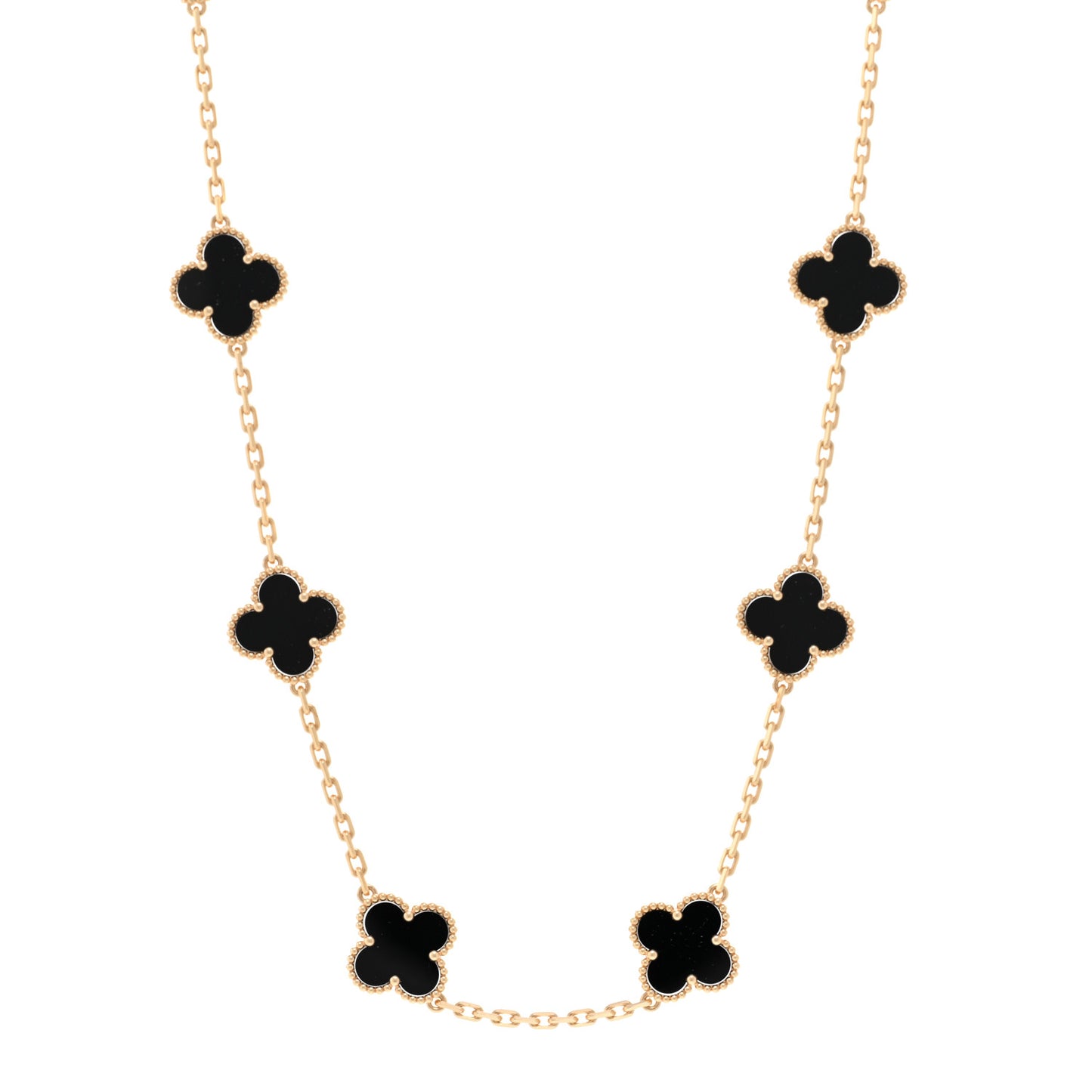 18K Yellow Gold Black Onyx 10 Motifs Vintage Alhambra Necklace