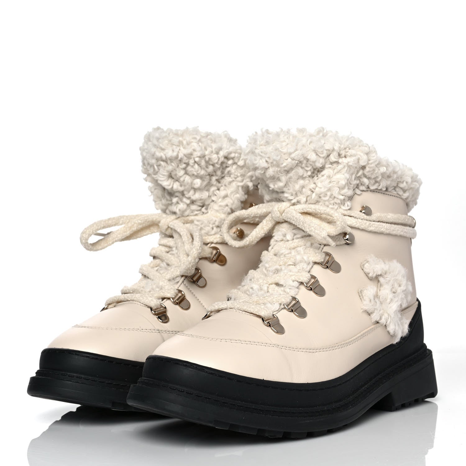 Chanel Calfskin Shearling CC Lace Up Boots 41 Light Beige Ivory 3 of 7