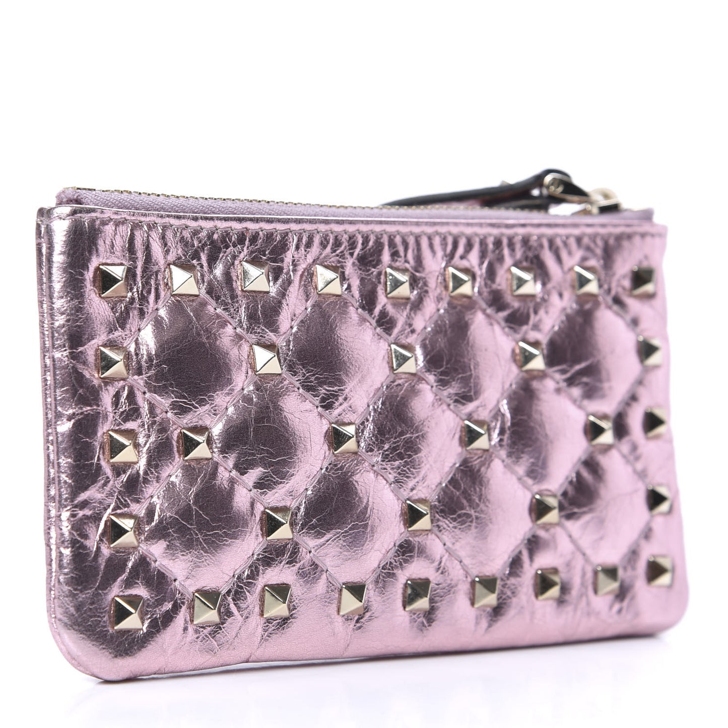 Metallic Wrinkled Lambskin Rockstud Spike Zip Coin Purse Lipstick