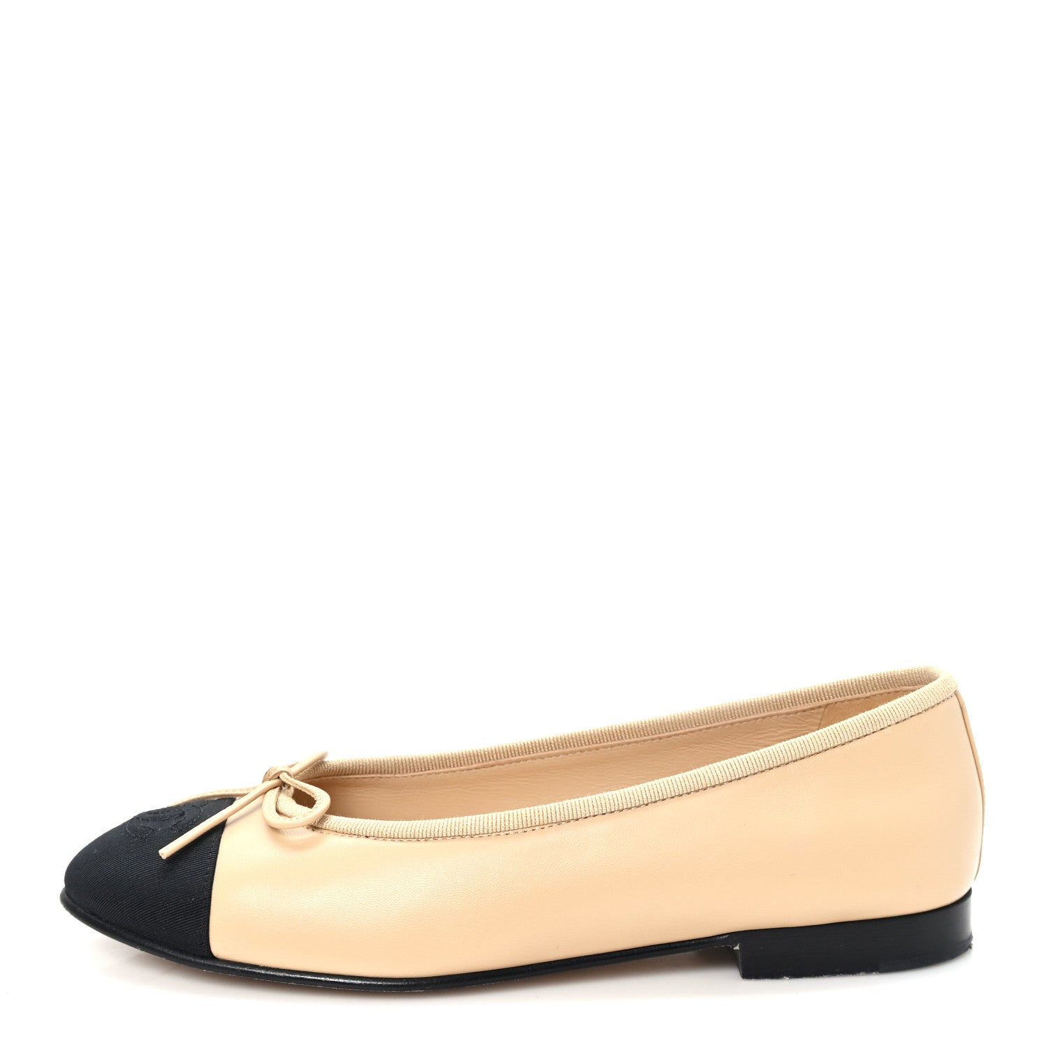 Chanel Lambskin Grosgrain Cap Toe CC Ballerina Flats 36 Beige Black 1 of 9