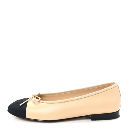 Chanel Lambskin Grosgrain Cap Toe CC Ballerina Flats 36 Beige Black 1 of 9