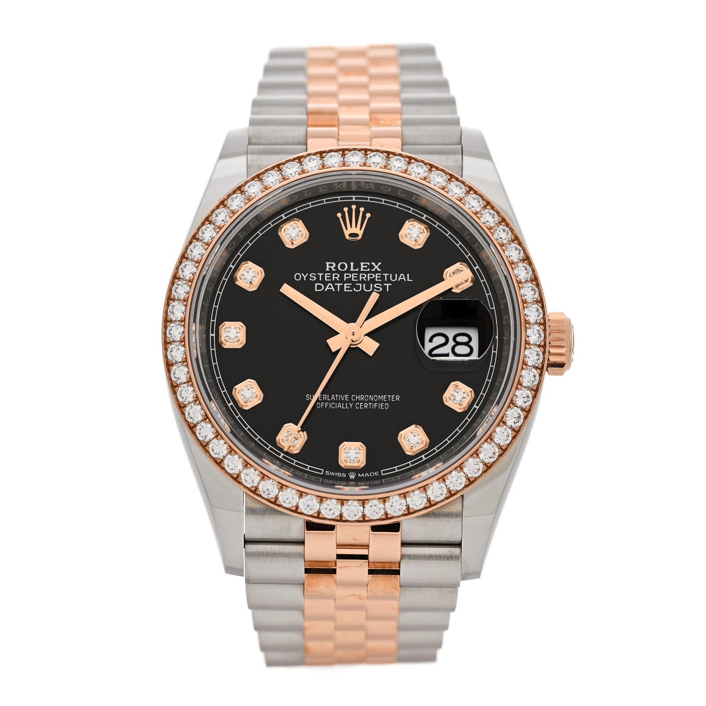 Stainless Steel 18K Everose Gold Diamond Bezel 36mm Oyster Perpetual Datejust Watch Black 126281RBR