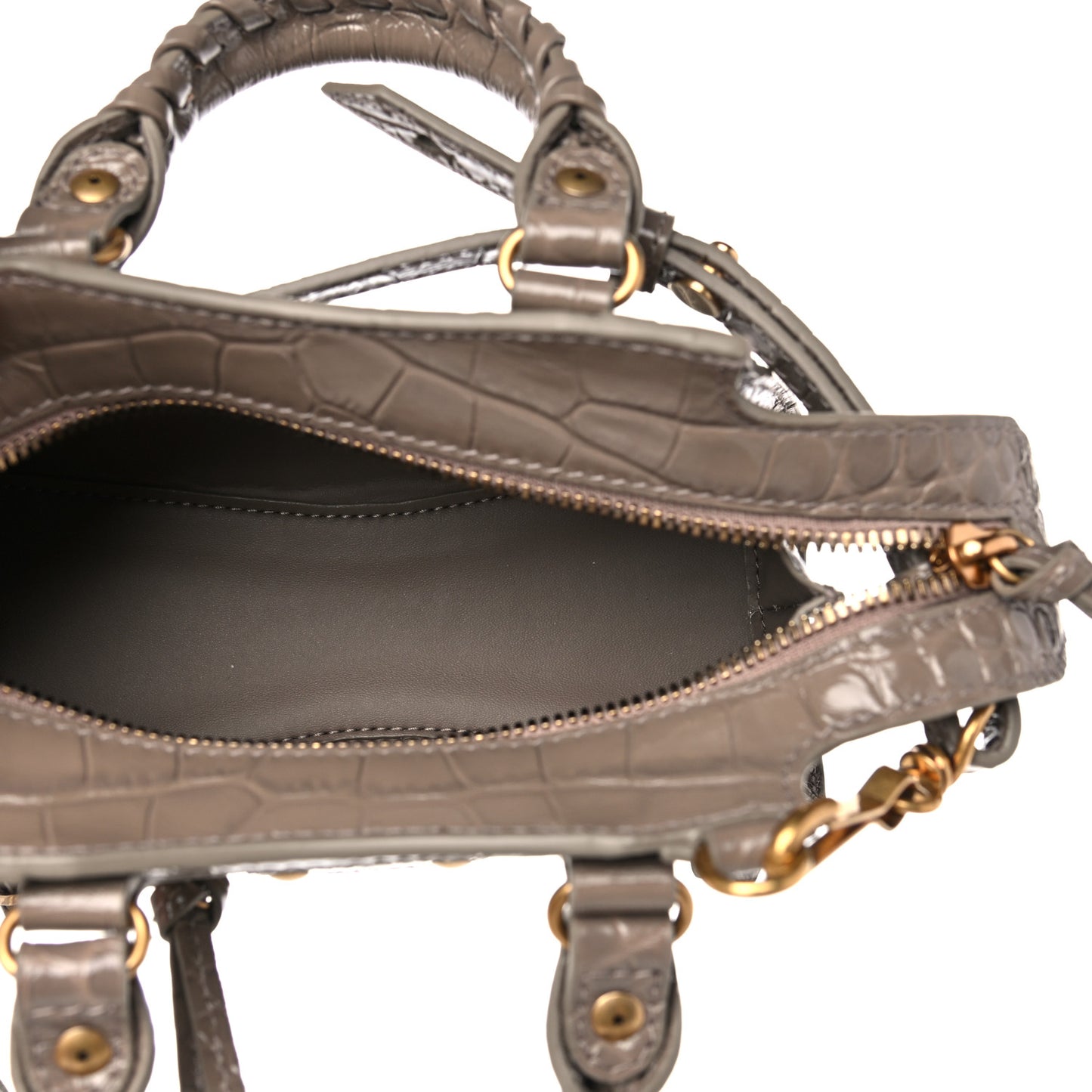 Shiny Supple Calfskin Crocodile Embossed Neo Classic Gold Hardware Nano City Crossbody Mink Grey