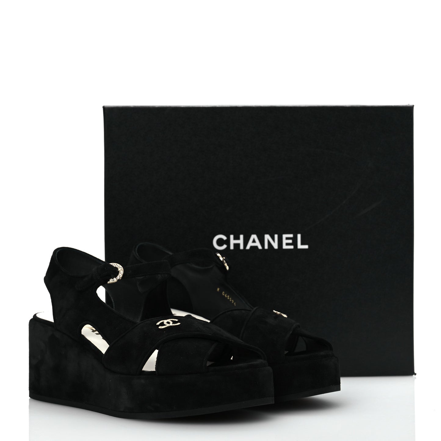 Suede Calfskin Peep Toe Wedge Sandals 40.5 Black