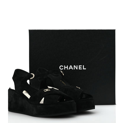 Chanel Suede Calfskin Peep Toe Wedge Sandals 40.5 Black 14 of 14