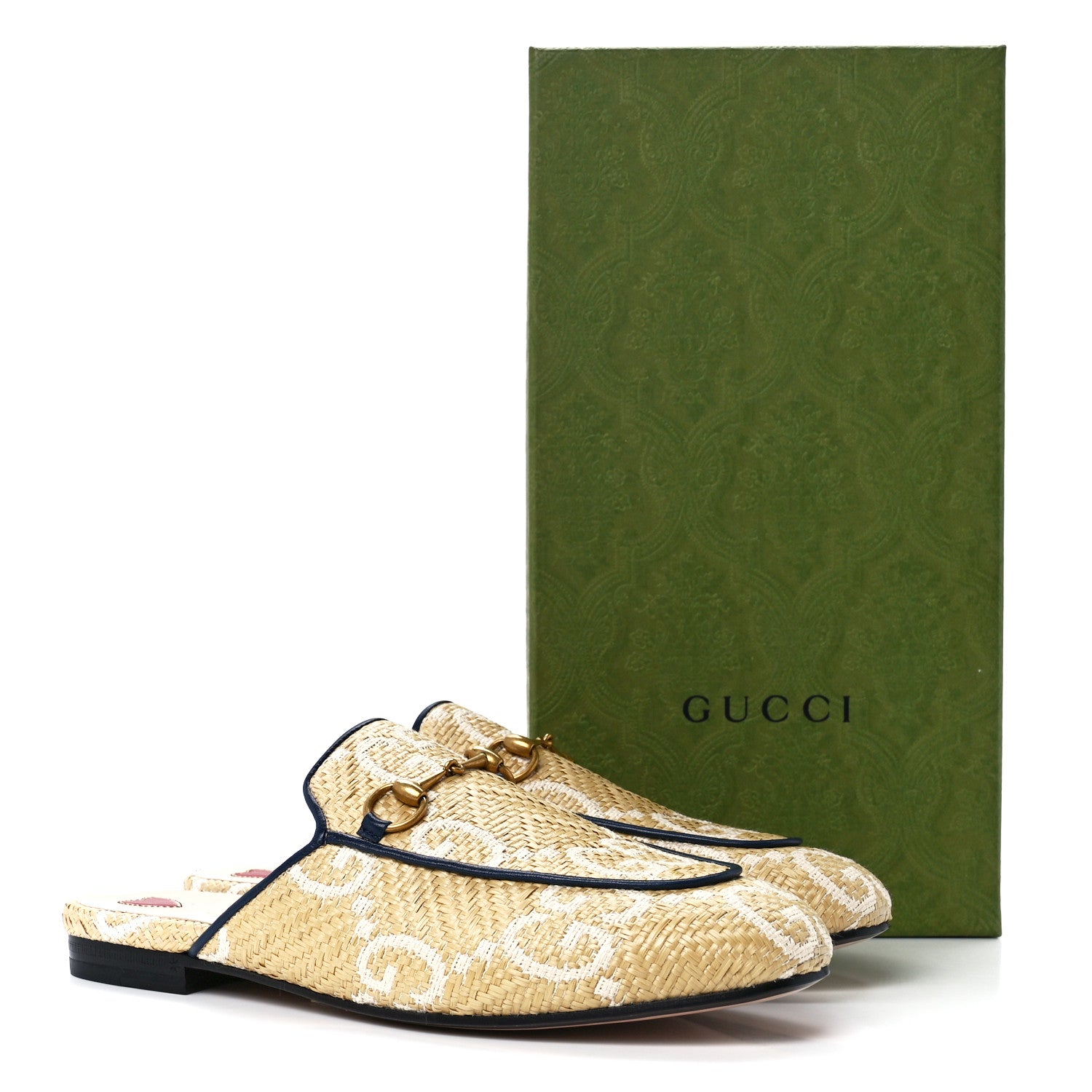 Gucci Raffia Malaga Kid GG Monogram Chevron Horsebit Womens Princetown Slippers 38.5 Natural Mystic White Blue Agata 9 of 9