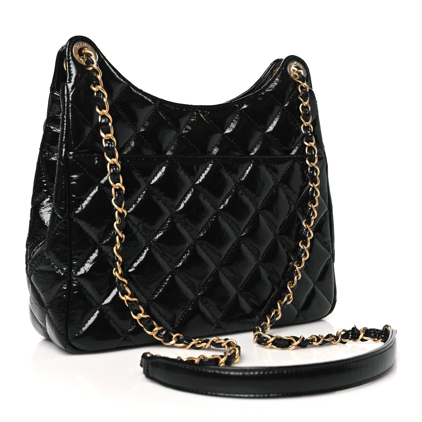 Shiny Crumpled Calfskin Quilted Wavy CC Hobo Black